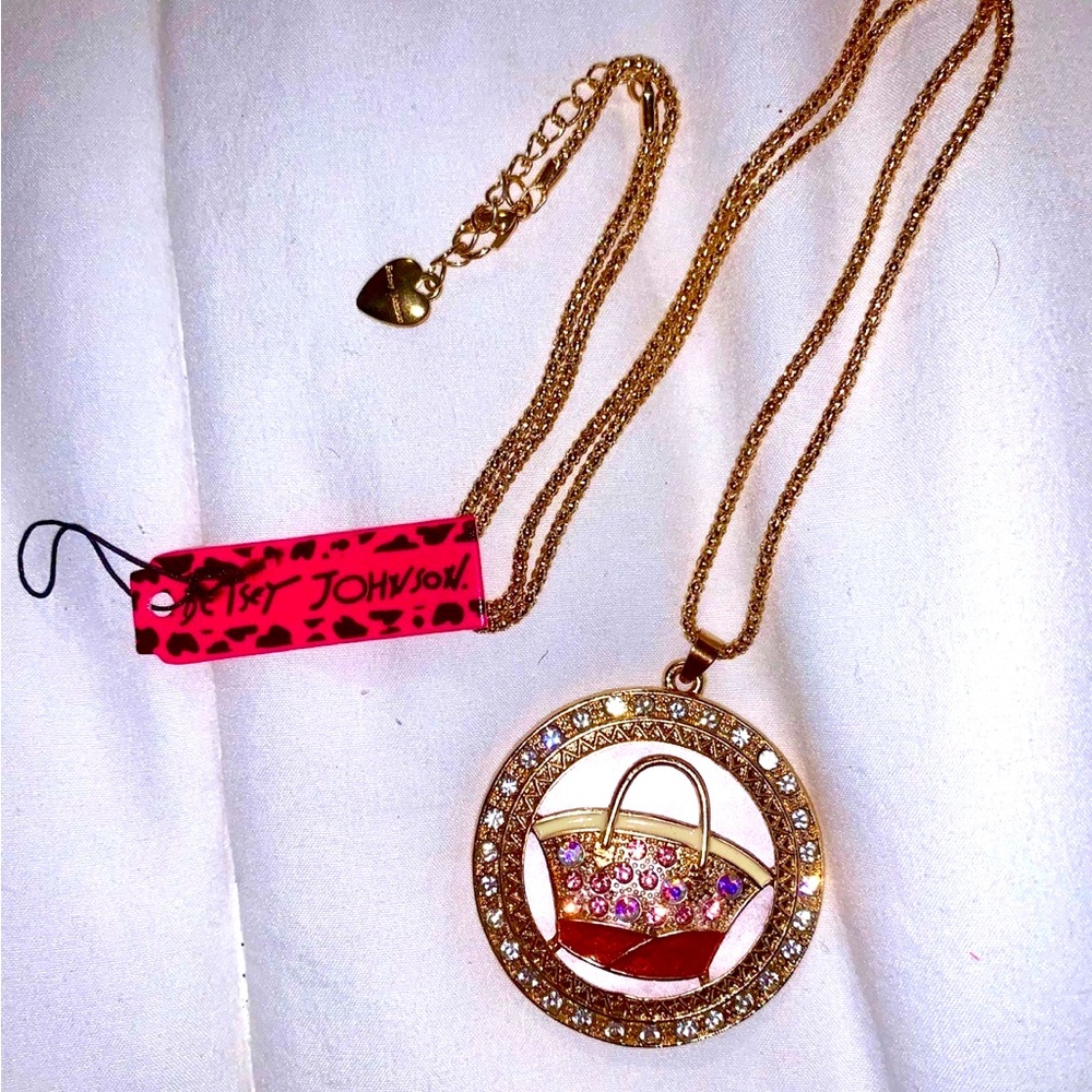 Betsey Johnson Rhinestone Pink Enamel Handbag Crystal Pendant Necklace